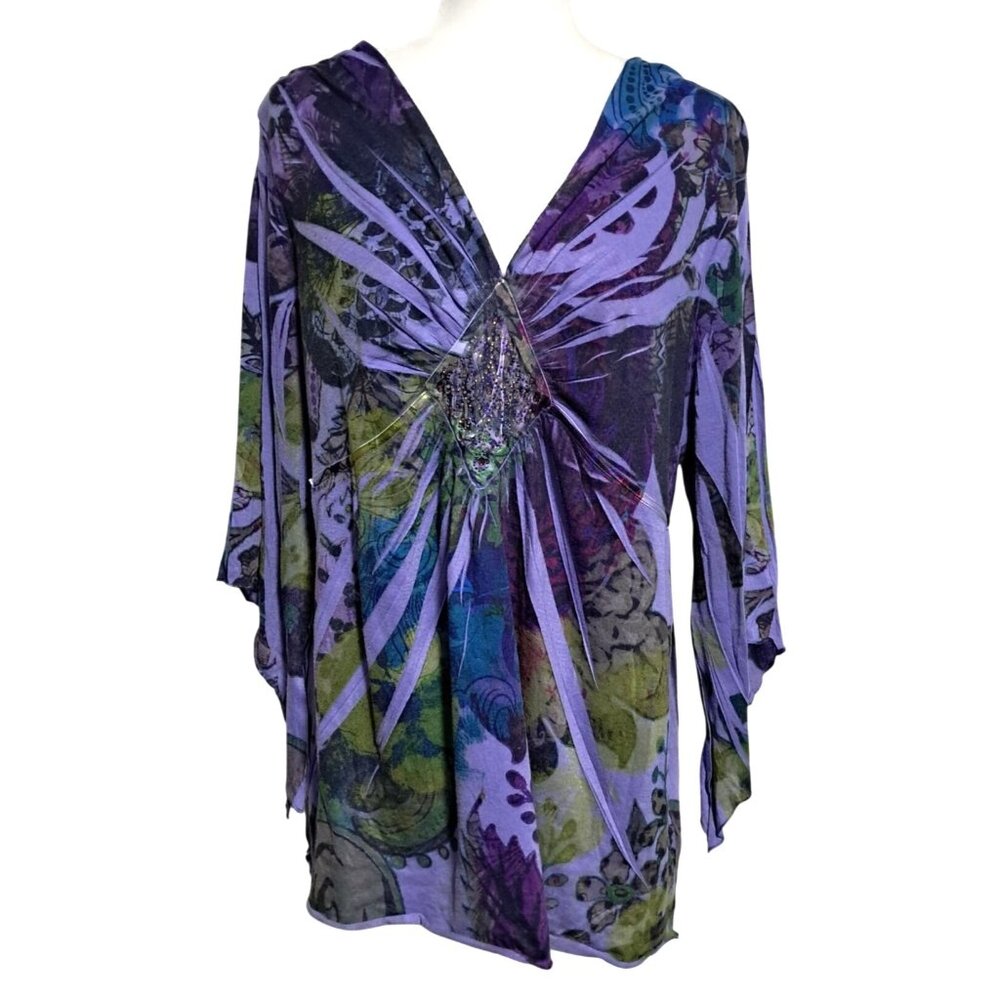 Lane Bryant Top Womens‎ 18 / 20 Embellished Purple Floral Kimono Sleeve Blouse